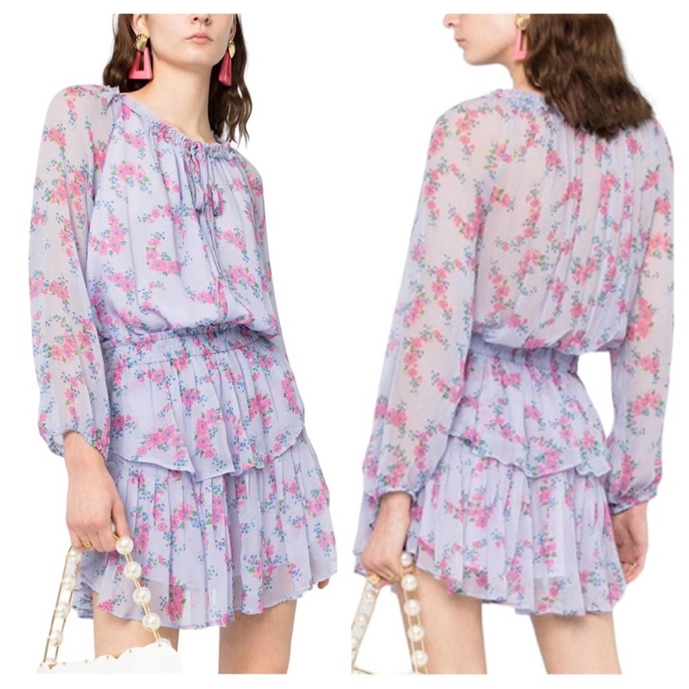 LOVESHACKFANCY Wisteria Tiered Popover Dress Silk Mini Lilac Purple Floral XS